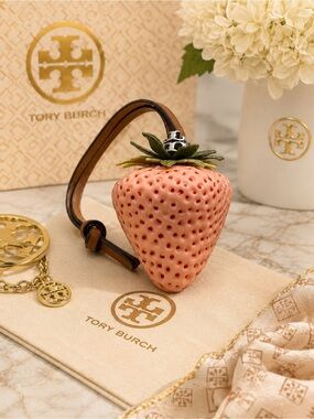 Tory Burch Pink Strawberry Key & Bag Charm with Brown Leather Strap